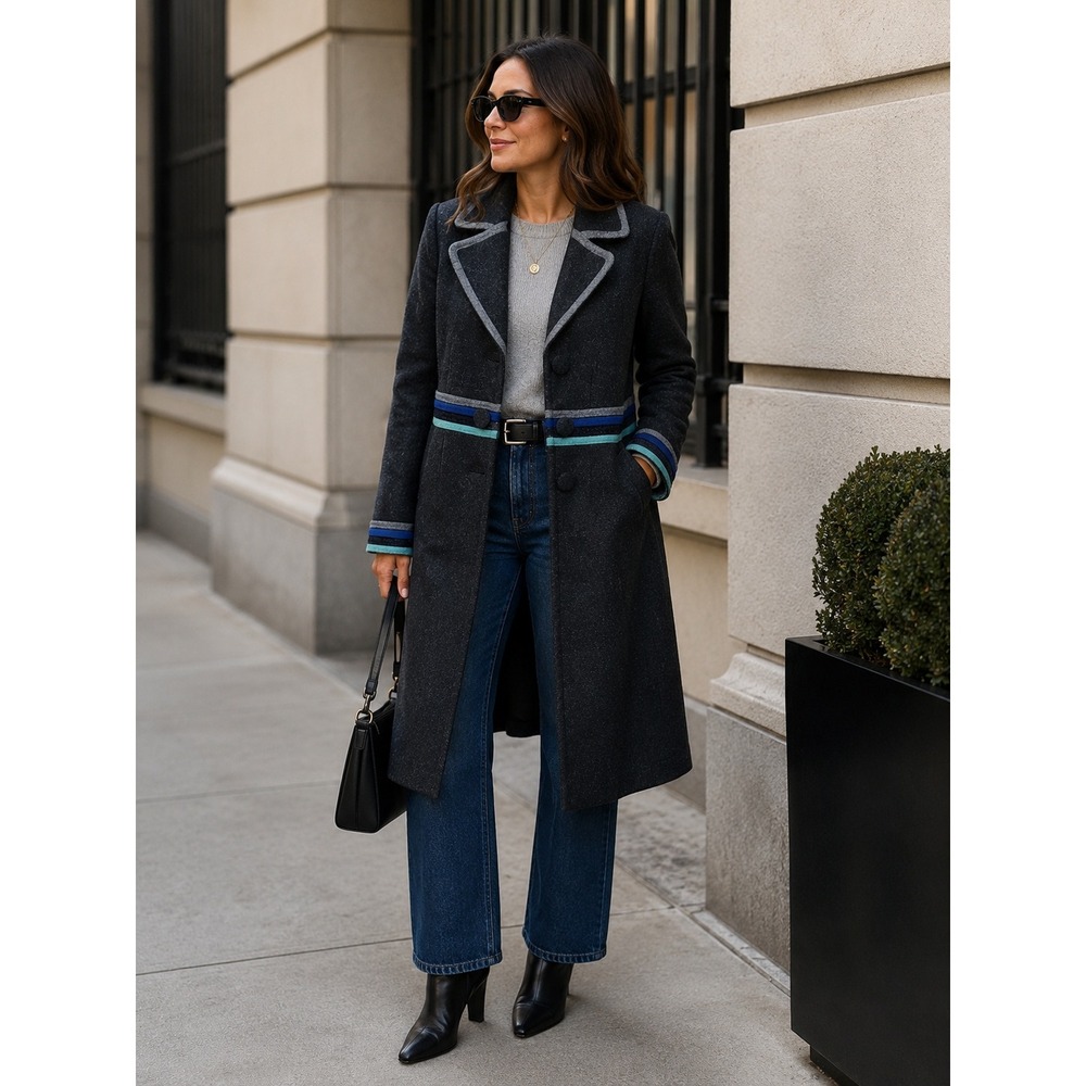 Boden Wool Mid Length Coat 10 Lined Peacoat Gray Retro
